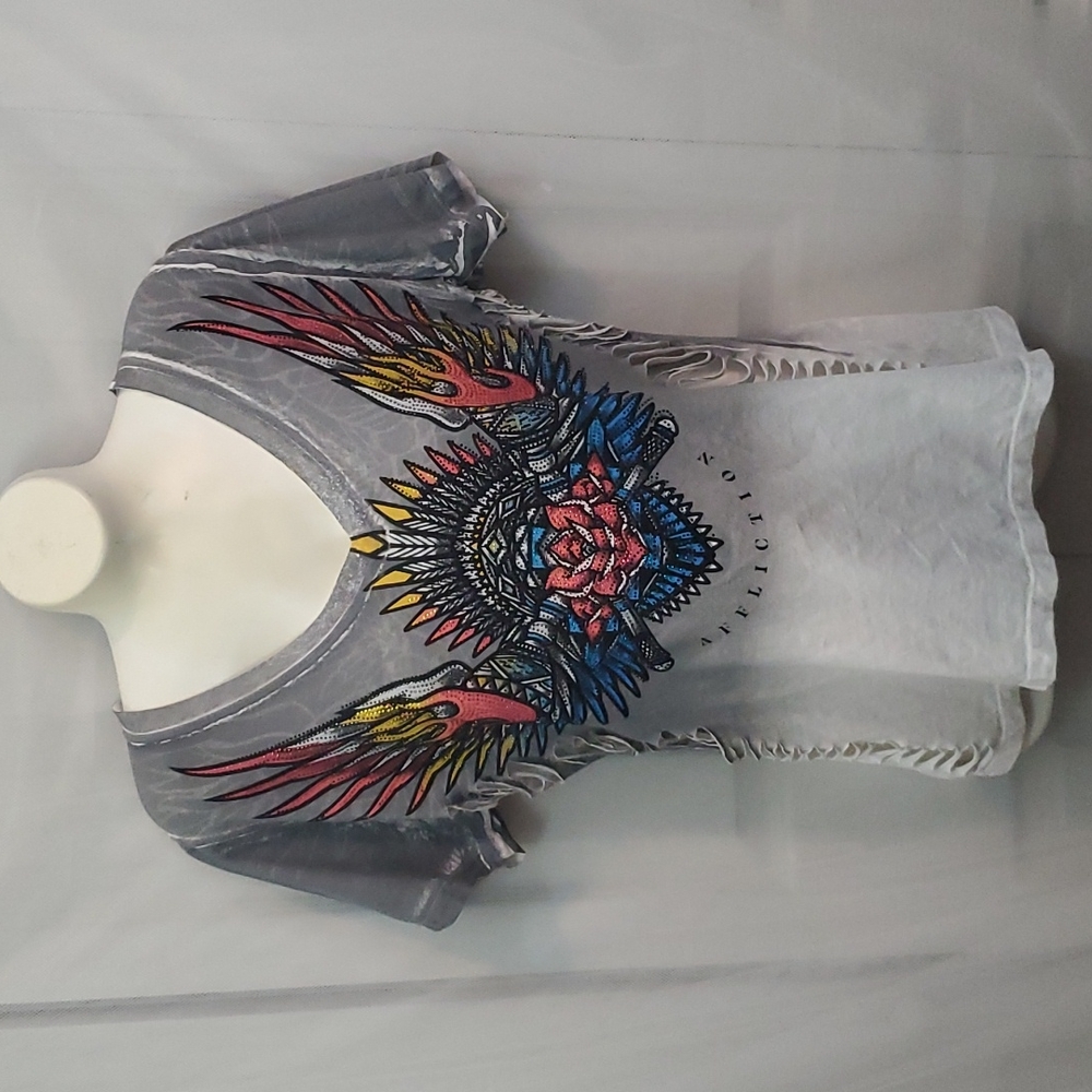 Women's Affliction Black Label Tribal Flame Distressed T-shirt NWT